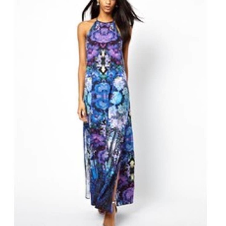 chinese dress ladies Rent ASOS DESIGN Cami Bias Maxi Dress With Large Floral Print In Blue main image 0